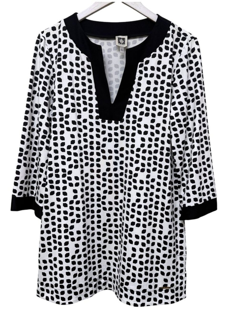 ANNE KLEIN Black White Polka Dot Top Size Medium Stretch Tunic Womens Top